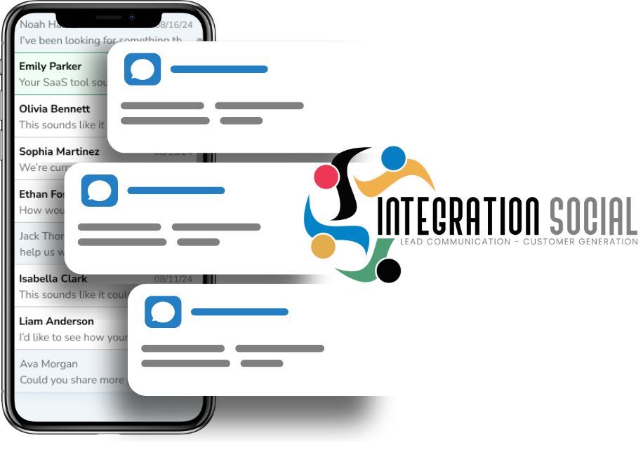 A smartphone displaying a list of text message conversations alongside the Integration Social logo. Floating message icons overlap the screen, symbolizing communication and engagement through SMS. The logo and messages emphasize the platform's focus on lead communication, customer generation, and automated messaging solutions.