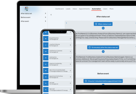 A laptop and smartphone displaying the Integration Social platform's automation feature for SMS and social media messaging. The laptop screen shows an automation workflow with steps triggered after certain events, while the smartphone displays a list of pre-configured automated message templates. The interface helps users manage and optimize multi-channel communication strategies.