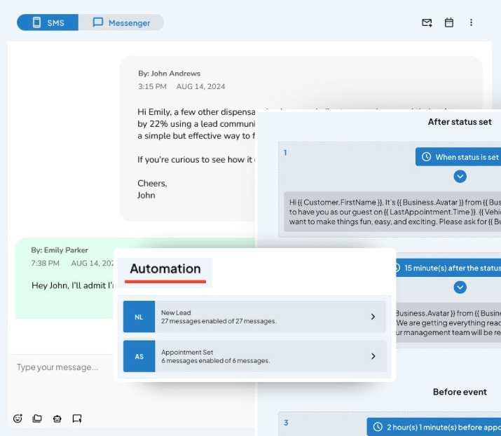 A user interface showing an SMS and Messenger conversation, along with an automation panel for managing lead communication. The panel displays automated message sequences triggered after specific statuses, such as 'New Lead' and 'Appointment Set.' The interface highlights the ability to streamline and automate communication across SMS and social media messengers.