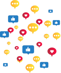 A collection of floating social media icons, including yellow speech bubbles with ellipses, red heart icons, and blue thumbs-up symbols, representing various forms of social interaction and engagement. The icons emphasize connecting with an audience through likes, comments, and reactions across different platforms.