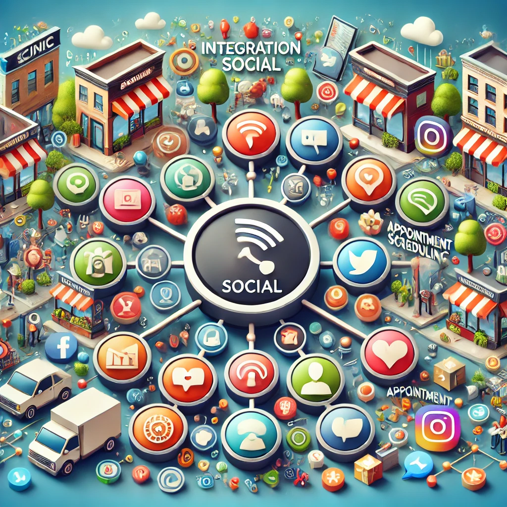 Illustration showing diverse businesses communicating with their customers using modern technology, including SMS, social media icons, and appointment scheduling features surrounding a central hub labeled 'Integration Social.' The background features a salon, an event venue, and a training institute